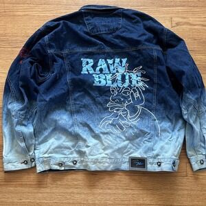 Vintage RAW BLUE Distressed Denim‎ Jacket Embroidered Design Men's 2XL